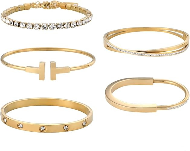 Gold Bracelets for Women, 18K Gold Plated,Gold/White 4mm Tennis Layered Chain, Bangle Bracelet Se... | Amazon (US)