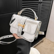 Mini Square Bag Silver Metallic Top Handle Flap | SHEIN