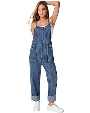 roswear Women's Denim Overalls Thin Sleeveless Jumpsuits with Adjustable Strap Cuffed Hem | Amazon (US)