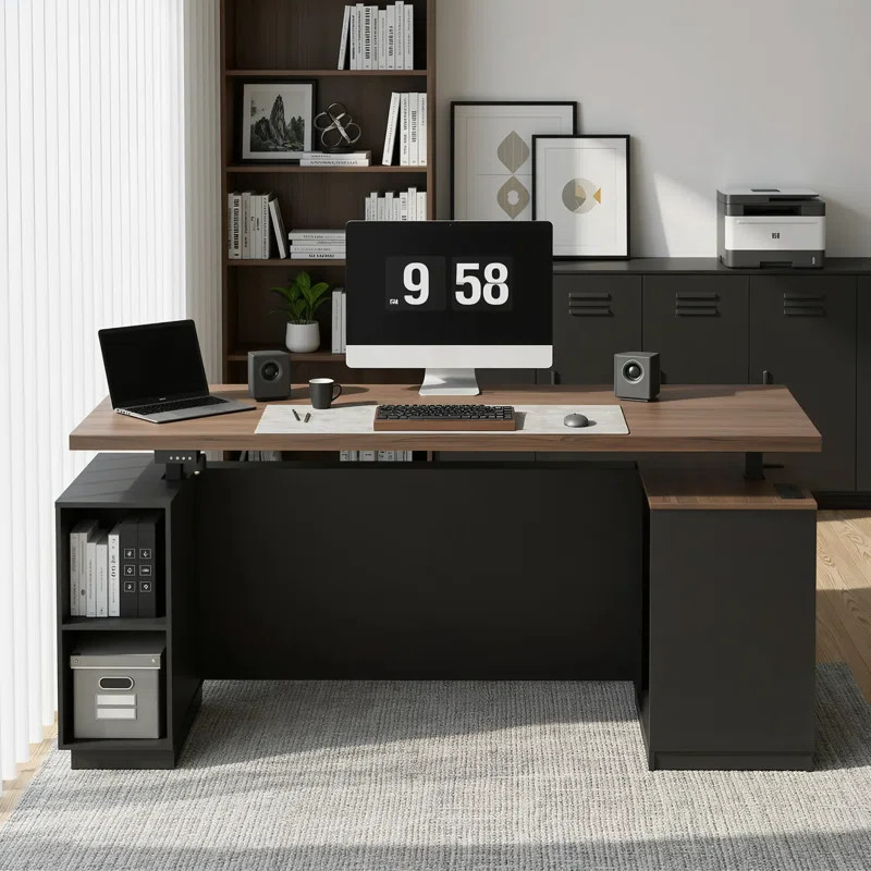 Adonia 71" W One-Piece Electric Height Adjustable Executive Desk With Privacy Panel Charging Stat... | Wayfair North America