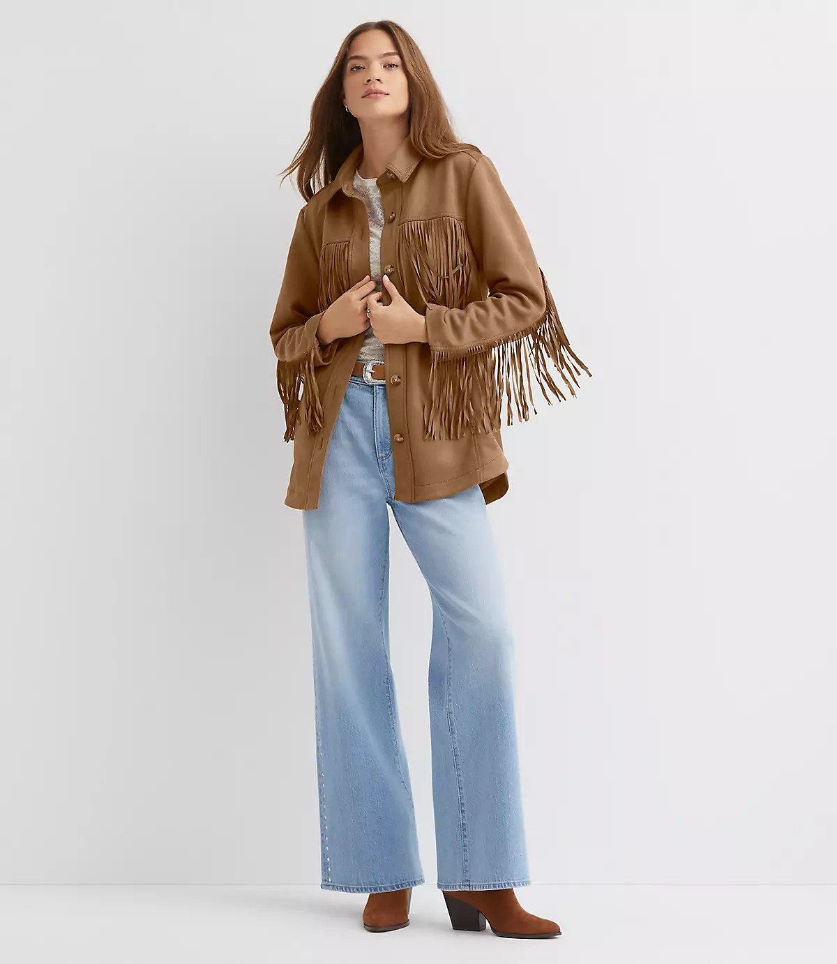 Petite Fringe Faux Suede Shirt Jacket | LOFT
