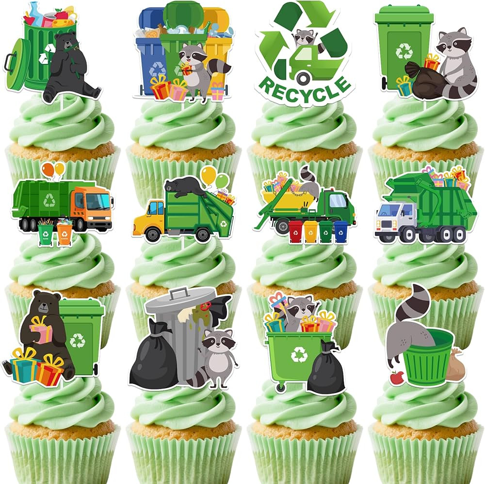 Trash Truck Birthday Decorations - 24 Pcs Garbage Truck Cake Topper, Green Waste Management Recyc... | Amazon (US)