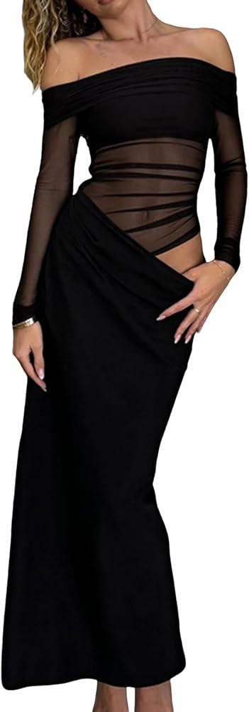 NRTHYE Women Mesh Off Shoulder Dress Sexy See Through Long Sleeve Cut Out Bodycon Elegant Ruched ... | Amazon (US)