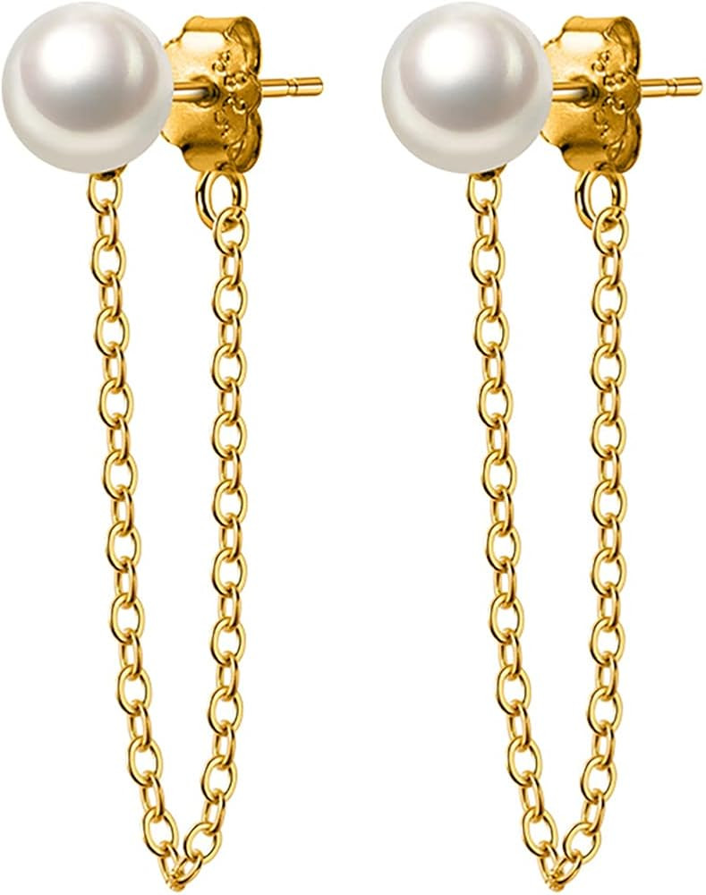 Reffeer Solid 925 Sterling Silver Pearl Chain Dangle Earrings Tassel for Women Teen Girls Pearl C... | Amazon (US)