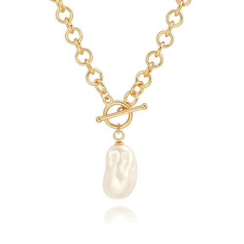 Large Baroque Pearl Pendant Necklace, 18k Gold Plated Chunky Chain Link Necklace for Women, Statement Necklace with Toggle Clasp | Amazon (US)