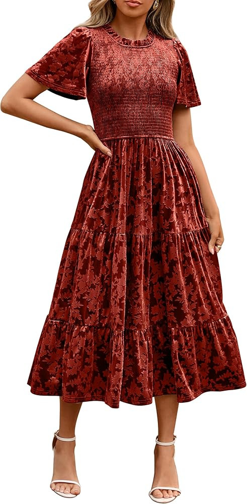 Simplee Velvet Dress for Women Semi Formal Short Sleeve Floral Smocked Empire Waist Fall Winter W... | Amazon (US)