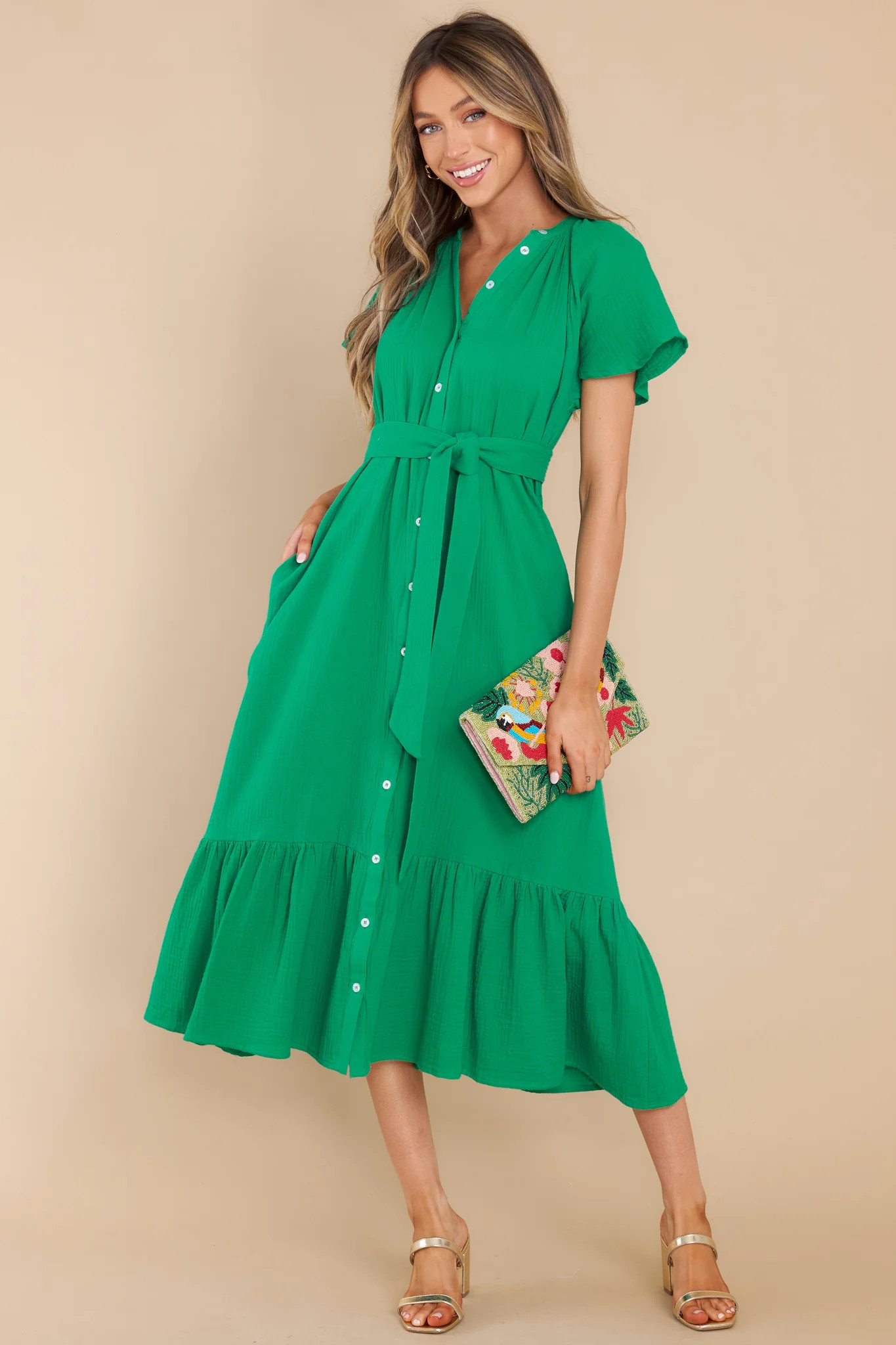Buttoned Up Beauty Kelly Green Gauze Midi Dress | Red Dress 