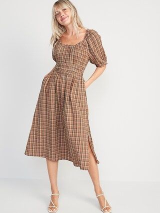 Waist-Defined Puff-Sleeve Plaid Midi Dress for Women | Old Navy (US)