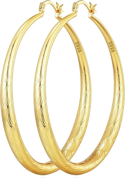 OOOPEL 925 Sterling Silver Hoop for Women Gold Hoop Earrings Hypoallergenic Diamond-Cut Ripples D... | Amazon (US)