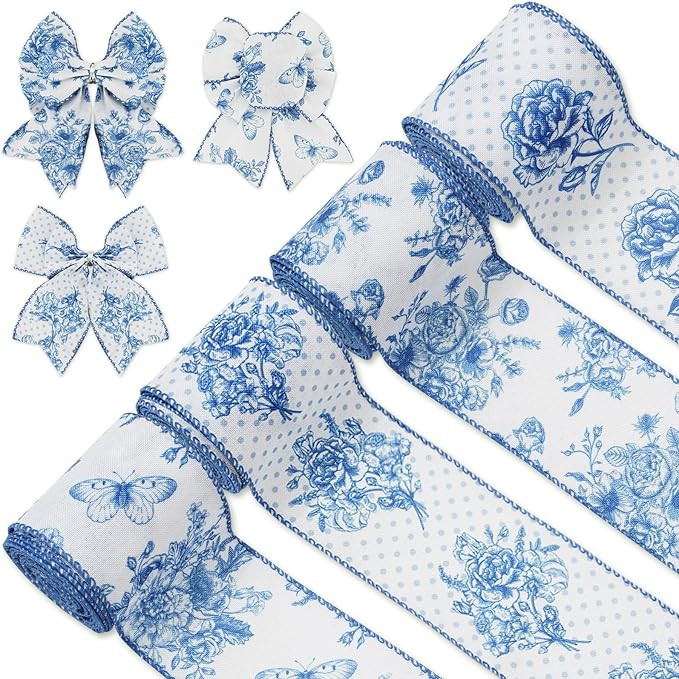 AnyDesign White and Blue Wired Edge Ribbon Floral Butterfly Craft Ribbon 24 Yards 2.5 Inch Blue F... | Amazon (US)