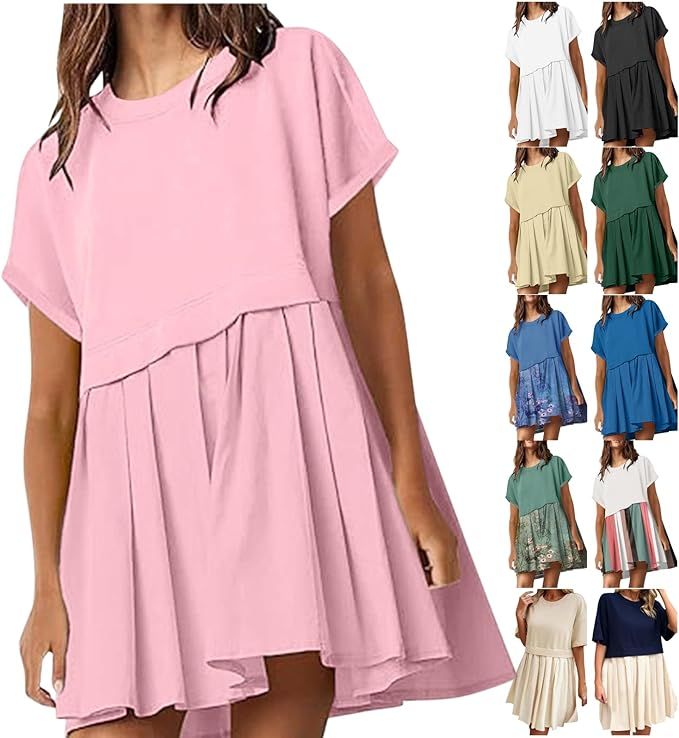 A Line Dress for Summer Short Sleeve Mini Dress Pleated Babydoll Dress Casual T Shirt Dresses Shi... | Amazon (US)