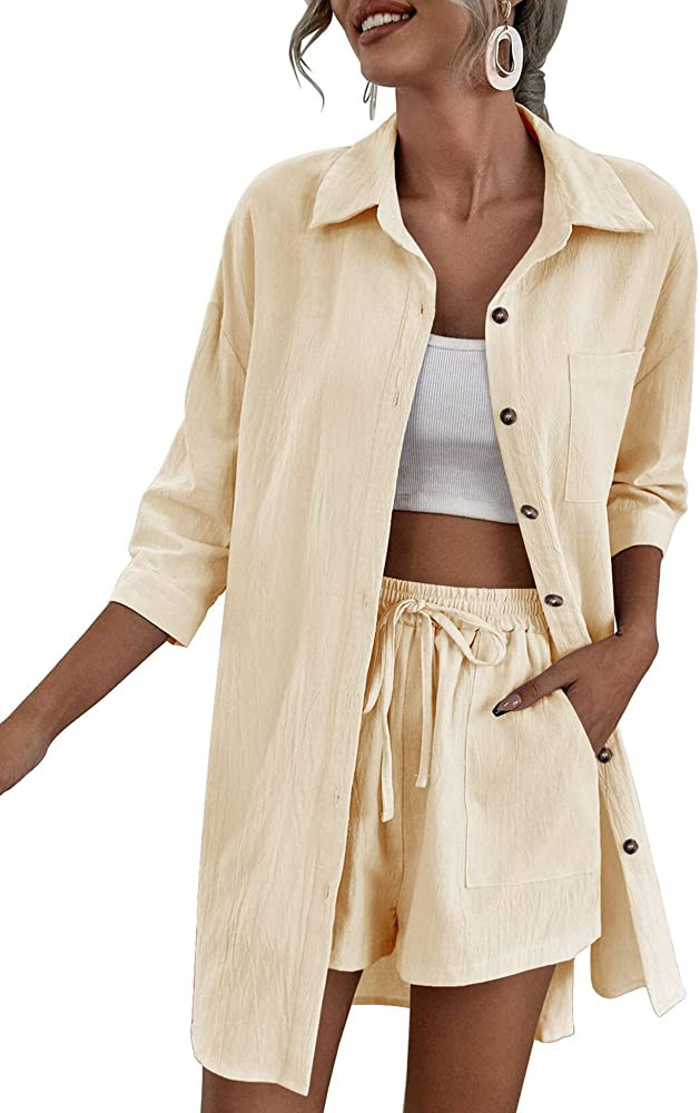 Zeagoo Women’s 2 Piece Lounge Tracksuit Outfit Sets Cotton Linen High Low Shirt and Drawstring ... | Amazon (US)