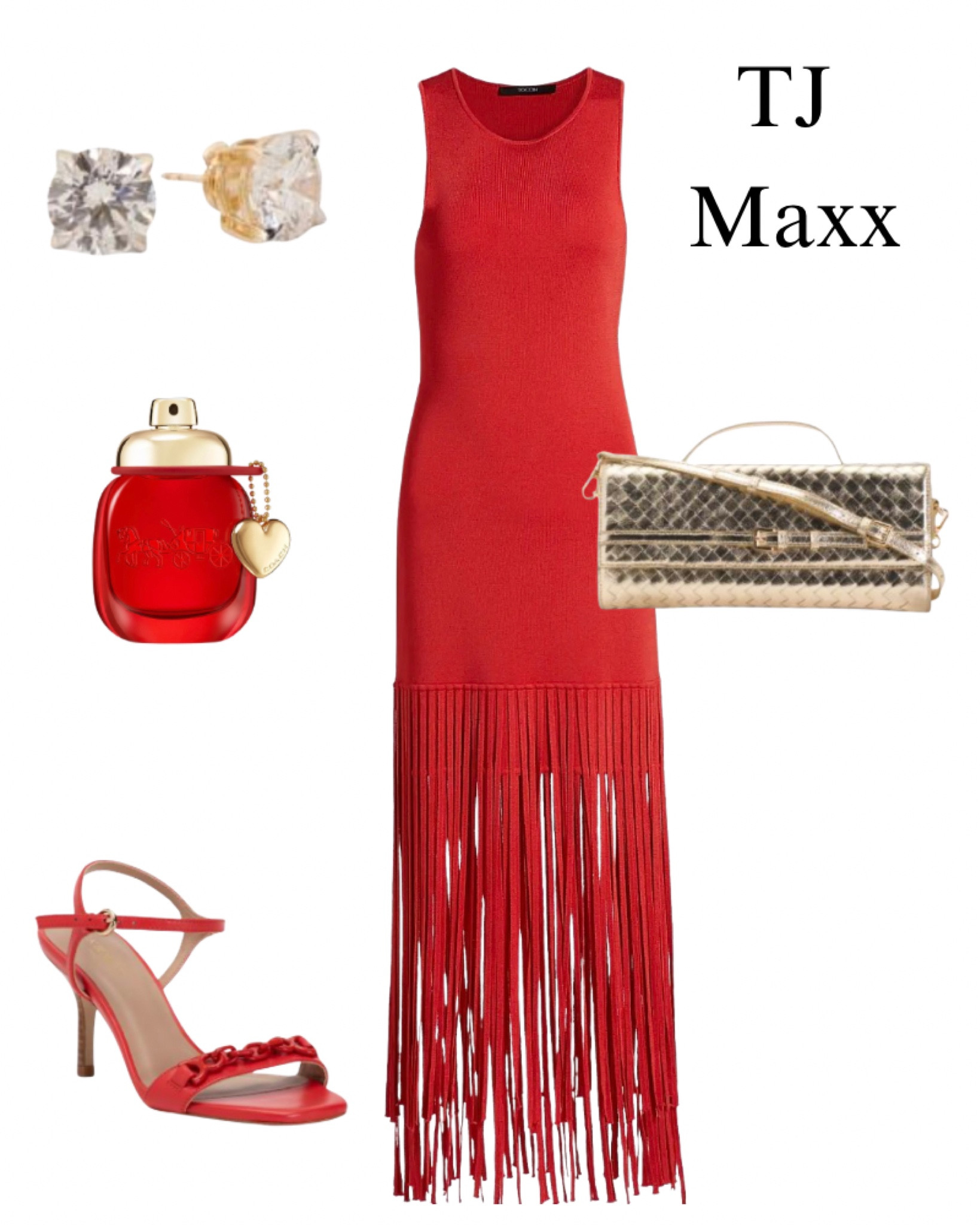 Date night outfit idea at TJ Maxx, fringe, dress, and reds, black heels, gold, fletch, which perfume, diamond earrings, summer nights.

#LTKootd #LTKBeauty #LTKSaleAlert