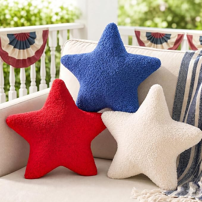 4th of July Star Throw Pillows 13 x 13 inch, 3 Pcs Rustic Teddy Fleece Patriotic Pillows Red Whit... | Amazon (US)