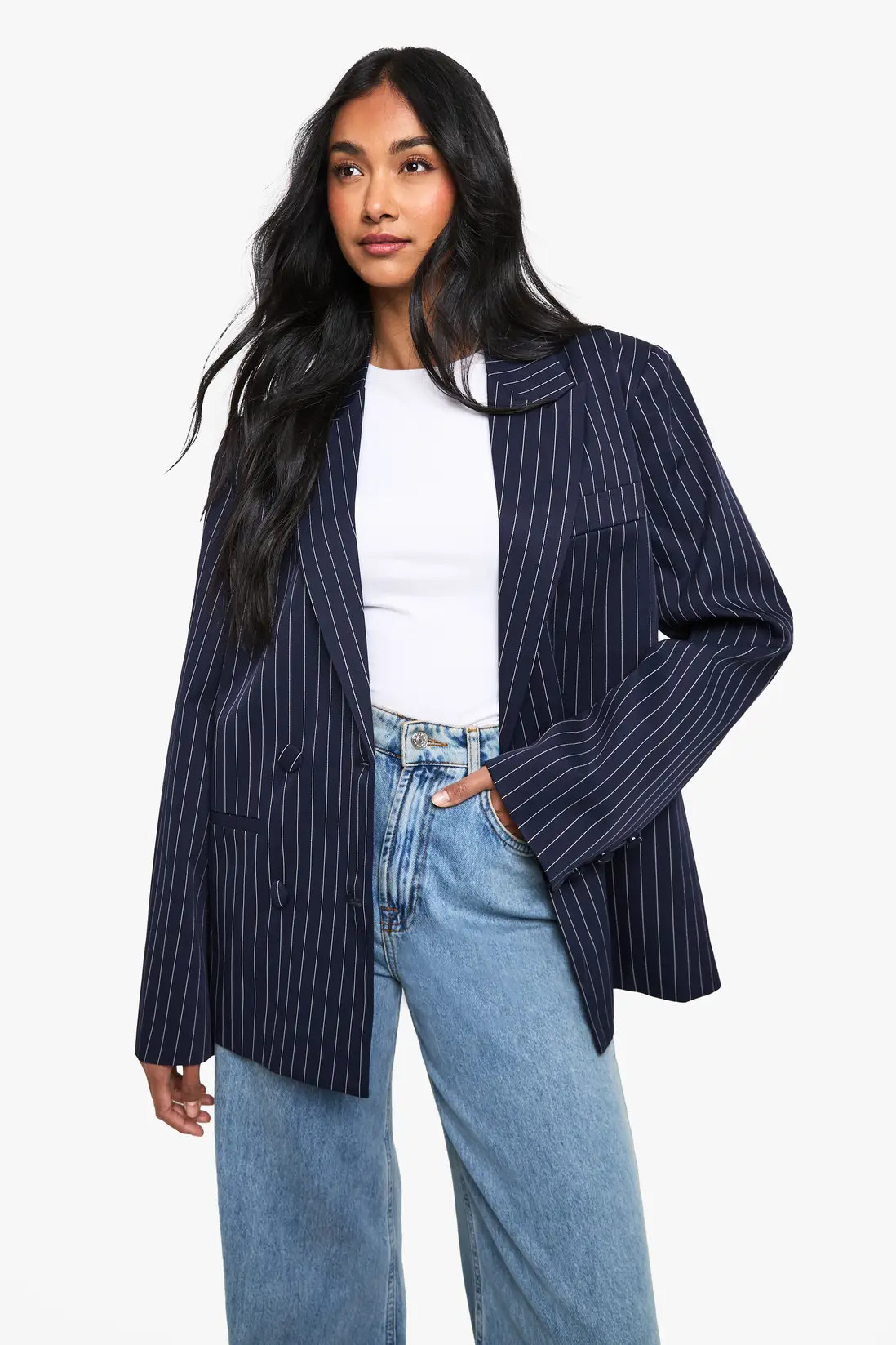 Pinstripe Double Breasted Oversized Tailored Blazer | boohoo (US & Canada)