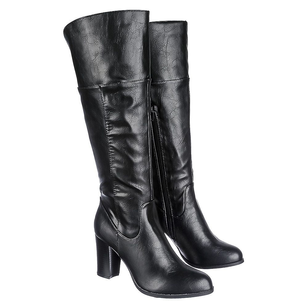 Slouchy Block Heeled Black Vegan Leather Knee Boots | Walmart (US)