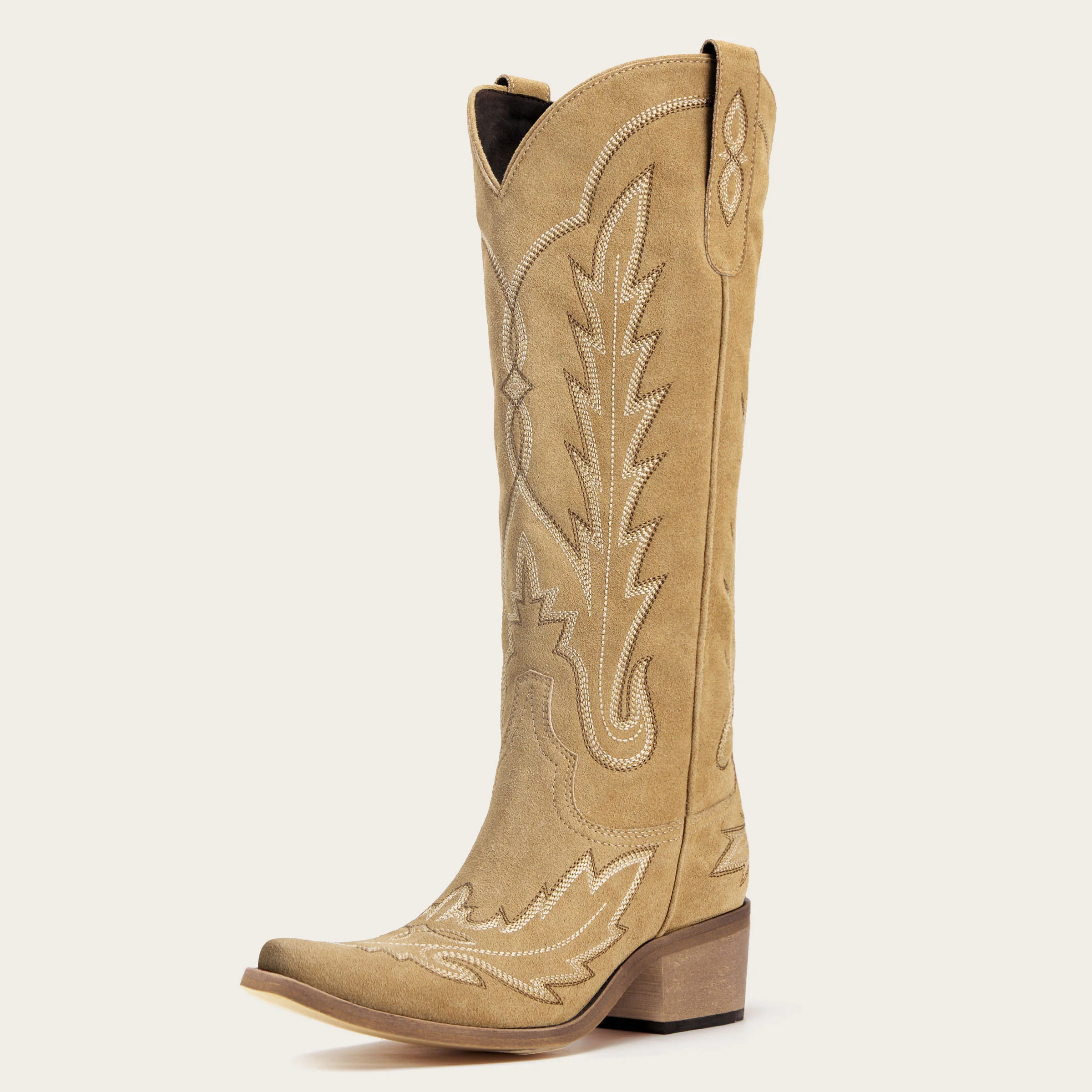 REDTOP Beige Suede Classic Tall Cowgirl Boots with Embroidery - The Rosemary | REDTOP