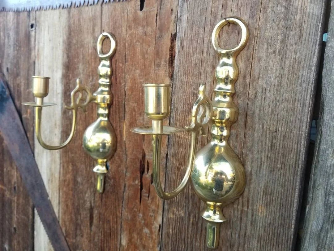 Nostalgic pair of two lacquered brass late mid-century wall sconces. These two brass wall sconces... | Etsy (US)