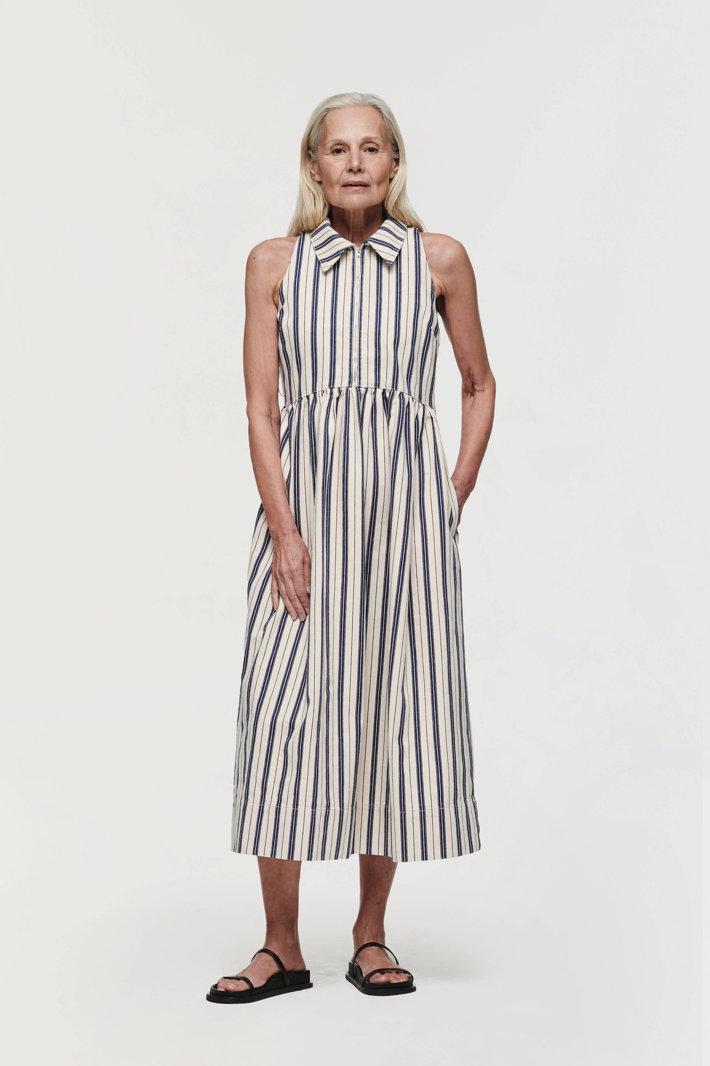 Gabi | Sleeveless Denim Midi Dress in Blue Stripe | ALIGNE | Aligne UK