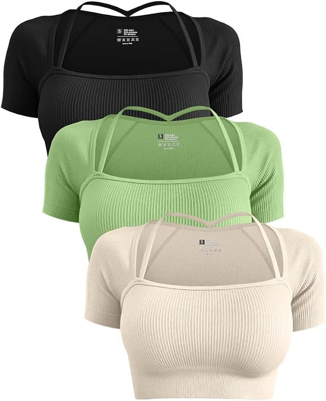 OQQ Women's 3 Piece Medium Support Crop Top Ribbed Seamless Square Workout Exercise Short Sleeve ... | Amazon (US)