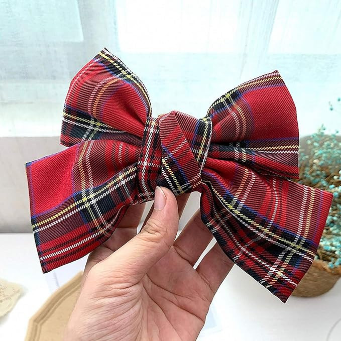 Red Plaid Fabric Bowknot French Hair Clips Christmas Top Head Ponytail Hairpin Girls School Party... | Amazon (US)