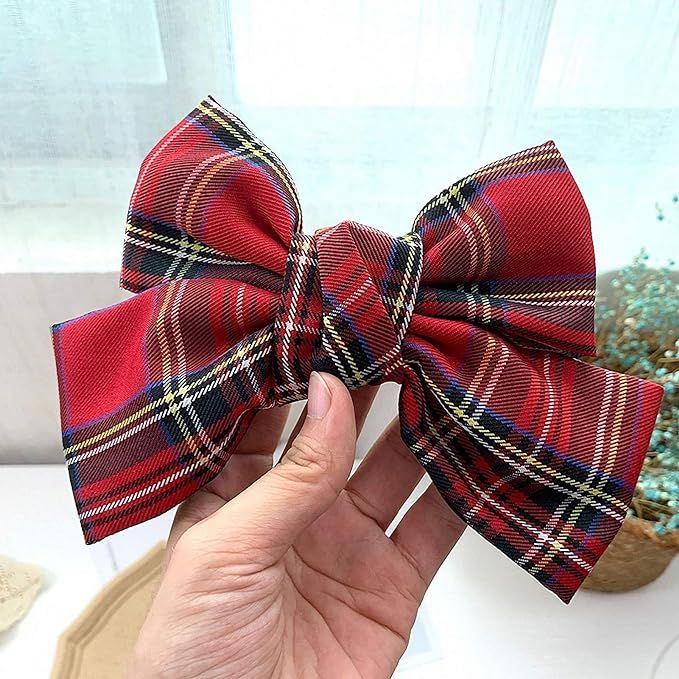 Red Plaid Fabric Bowknot French Hair Clips Christmas Top Head Ponytail Hairpin Girls School Party... | Amazon (US)