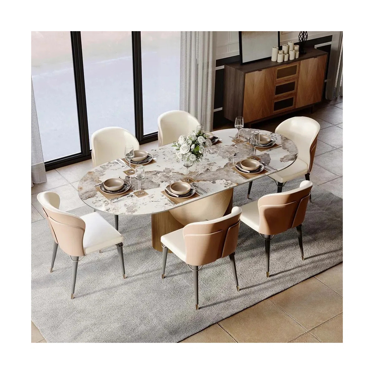 Modern Minimalist Oval Dining Table with Sintered Stone Tabletop, Pedestal Base Dining Table | Wayfair North America