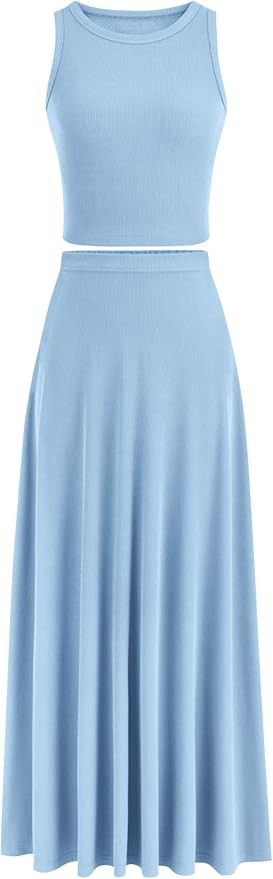 PRETTYGARDEN Women's 2 Piece Maxi Skirt Sets Casual Summer Knit Cropped Tank Top High Waisted Lon... | Amazon (US)