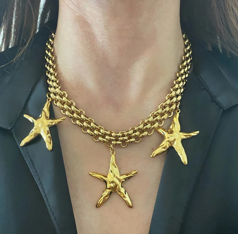 Star Fish Necklace, Sea Shell Jewelry, Thick Wide Chain Necklace, Gold Tone Chunky Necklace, Holi... | Etsy (US)