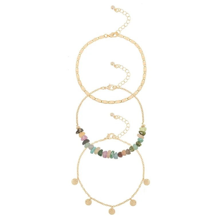 Time and Tru Women's Beaded Anklet Set with Disc Drops, 3-Pack Fashion Jewelry | Walmart (US)