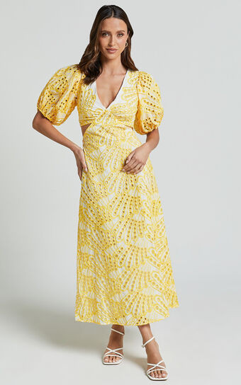 Imogen Midi Dress - Plunge Neck Puff Sleeve Side Cut Out Dress in White and Yellow | Showpo (US, UK & Europe)