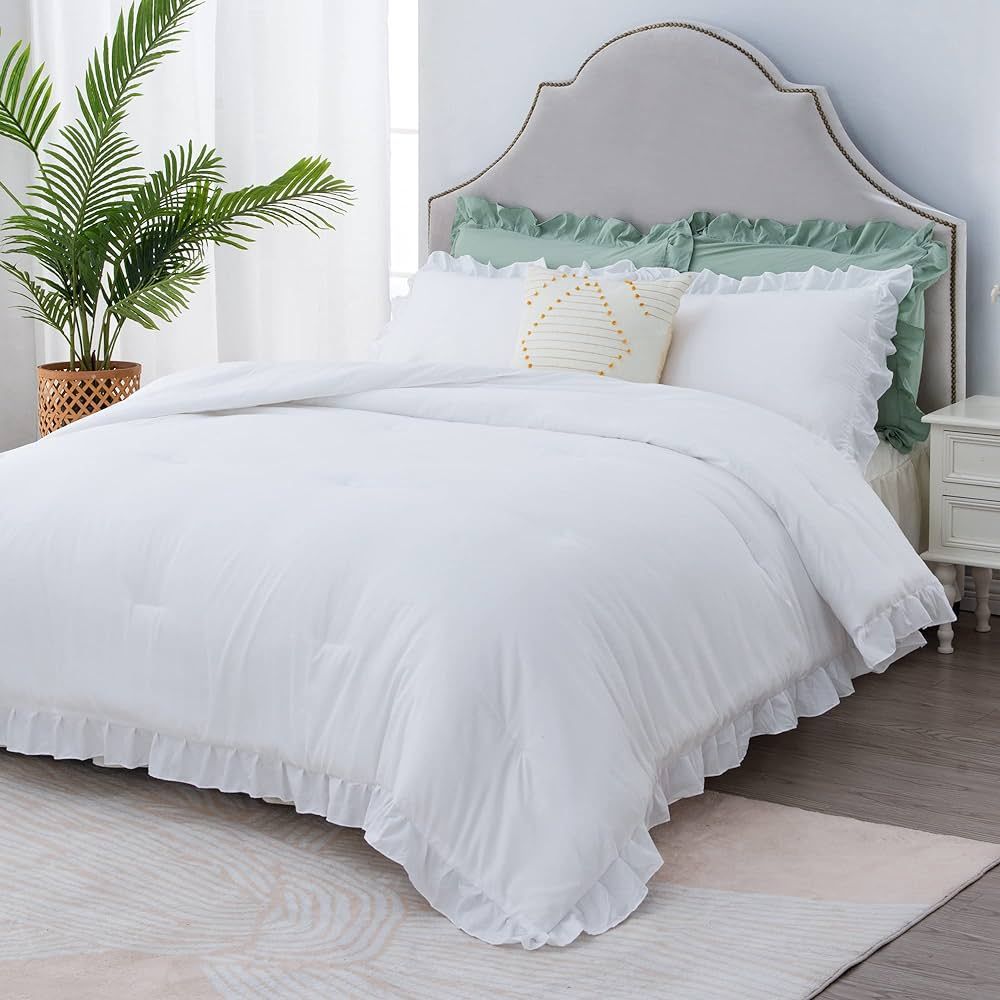 Litanika White Comforter Queen Size Set, 3 Pieces Ruffle Shabby Chic Farmhouse Women Vintage Aest... | Amazon (US)