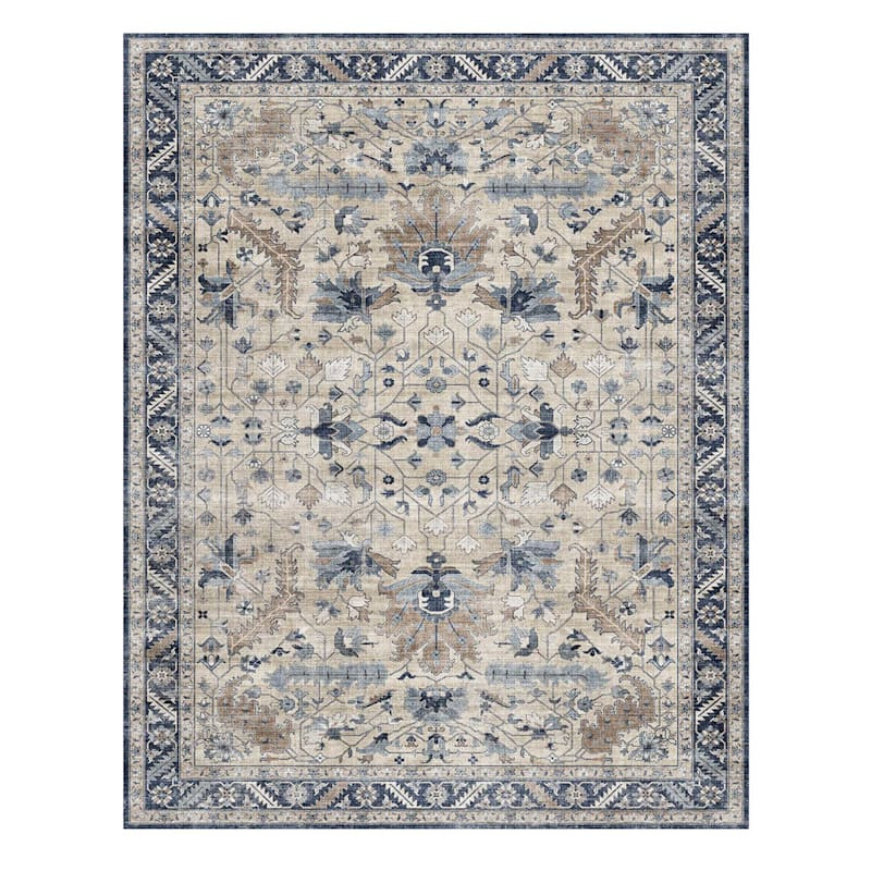 (B876) Dove Ivory & Blue Medallion Washable Area Rug, 8x10 | At Home