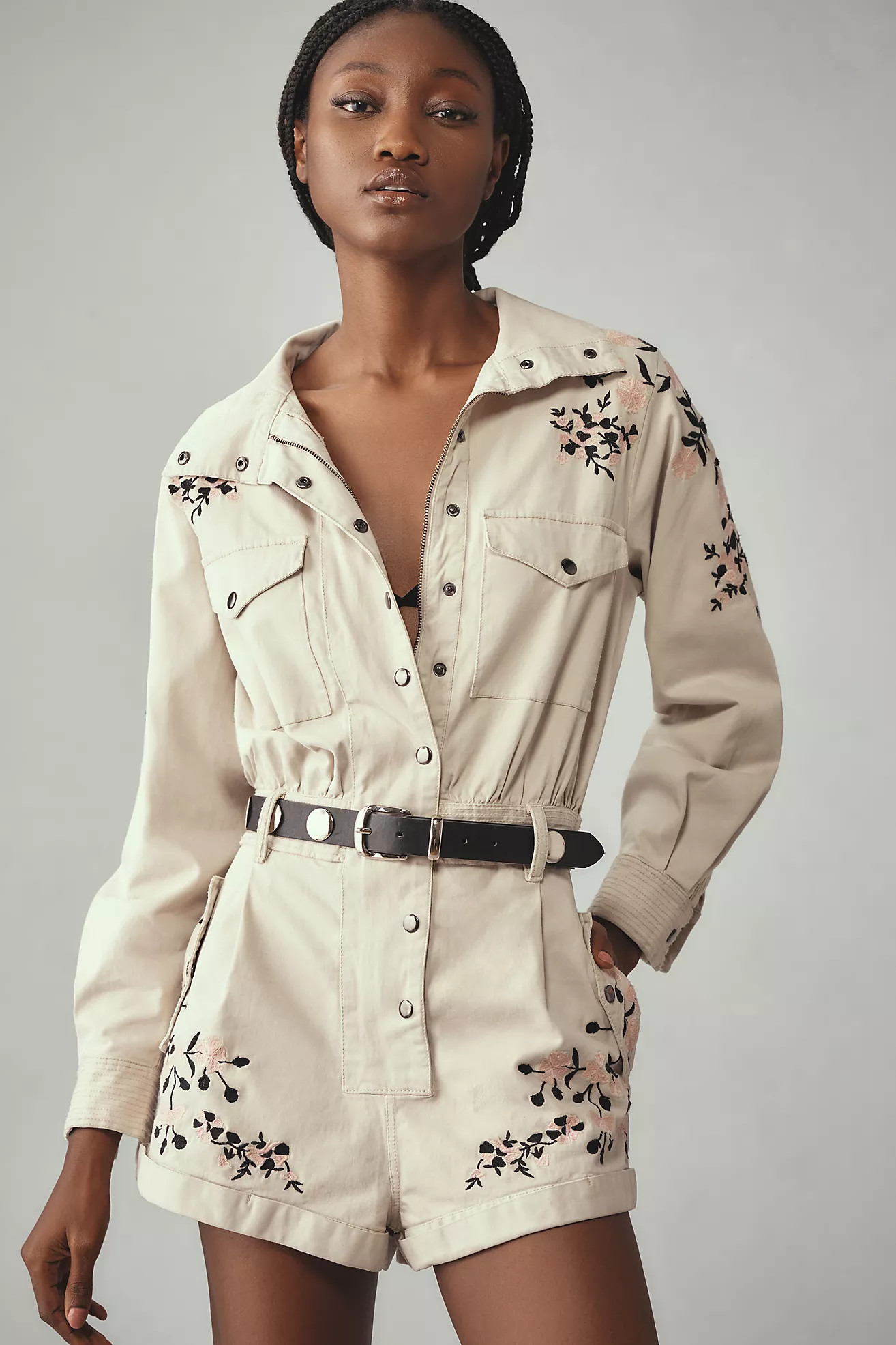 By Anthropologie Long-Sleeve Embroidered Utility Romper | Anthropologie (US)