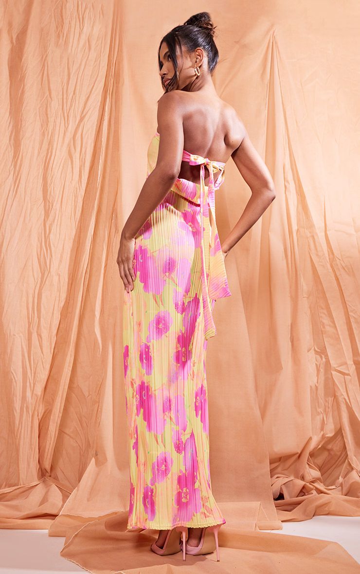 Multi Floral Print Plisse Bandeau Cowl Back Maxi Dress | PrettyLittleThing US