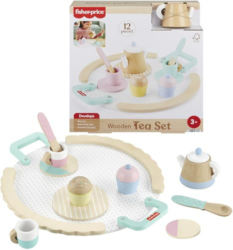 Fisher-Price Wood Pretend Play Toy Tea Set, 12-Piece Wooden Playset with Teapot, Cups & Saucers for Preschool Kids Ages 3+ Years | Amazon (US)