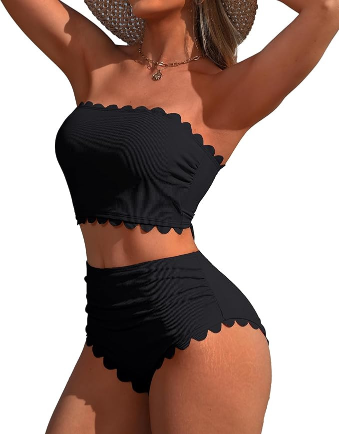 Charmo Strapless High Waisted Bikini Sets for Women Tummy Control Scallop Ribbed Bandeau Swimsuit... | Amazon (US)