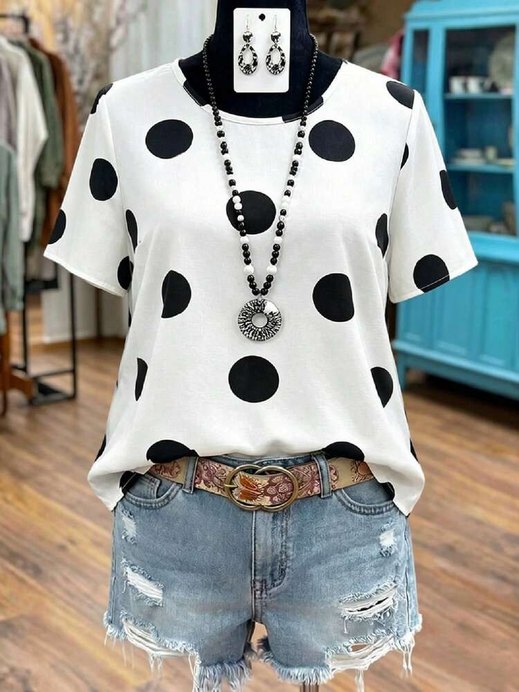 Linhara Casual Round Neck Short Sleeve Black & White Polka Dot Plus Size Shirt, Suitable For Spri... | SHEIN