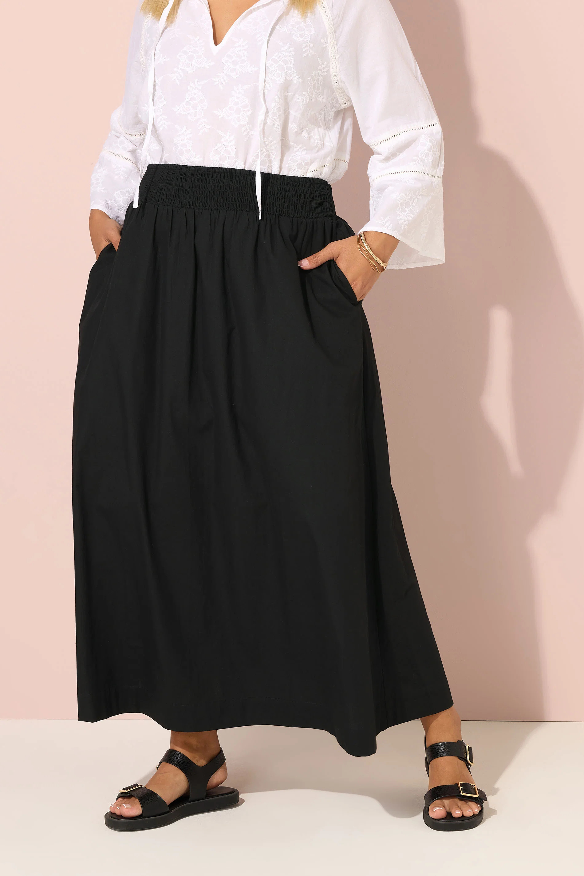 YOURS Plus Size Black Poplin Shirred Waist Maxi Skirt | Yours Clothing UK