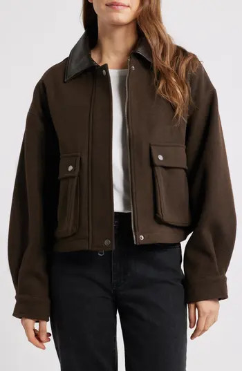 Lucky Brand Faux Leather Collar Crop Bomber Jacket in Espresso at Nordstrom Rack, Size X-Large | Nordstrom Rack