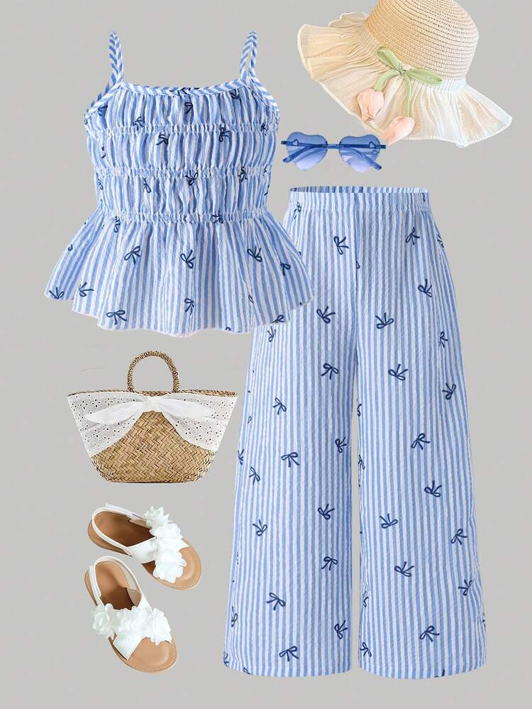 Souflis Souflis Young Girl' Cute Striped Bow Print Camisole And Wide Leg Pants Set, Summer | SHEIN