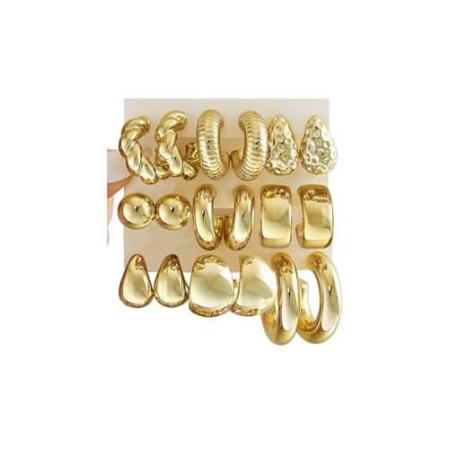 9 Pairs Gold Hoop Earrings Set for Women, Fashion Chunky Gold Hoop Earrings Multipack, Hypoallergenic Pearl Chain Twisted Statement Earring Pack for Birthday Party Jewelry | Amazon (US)