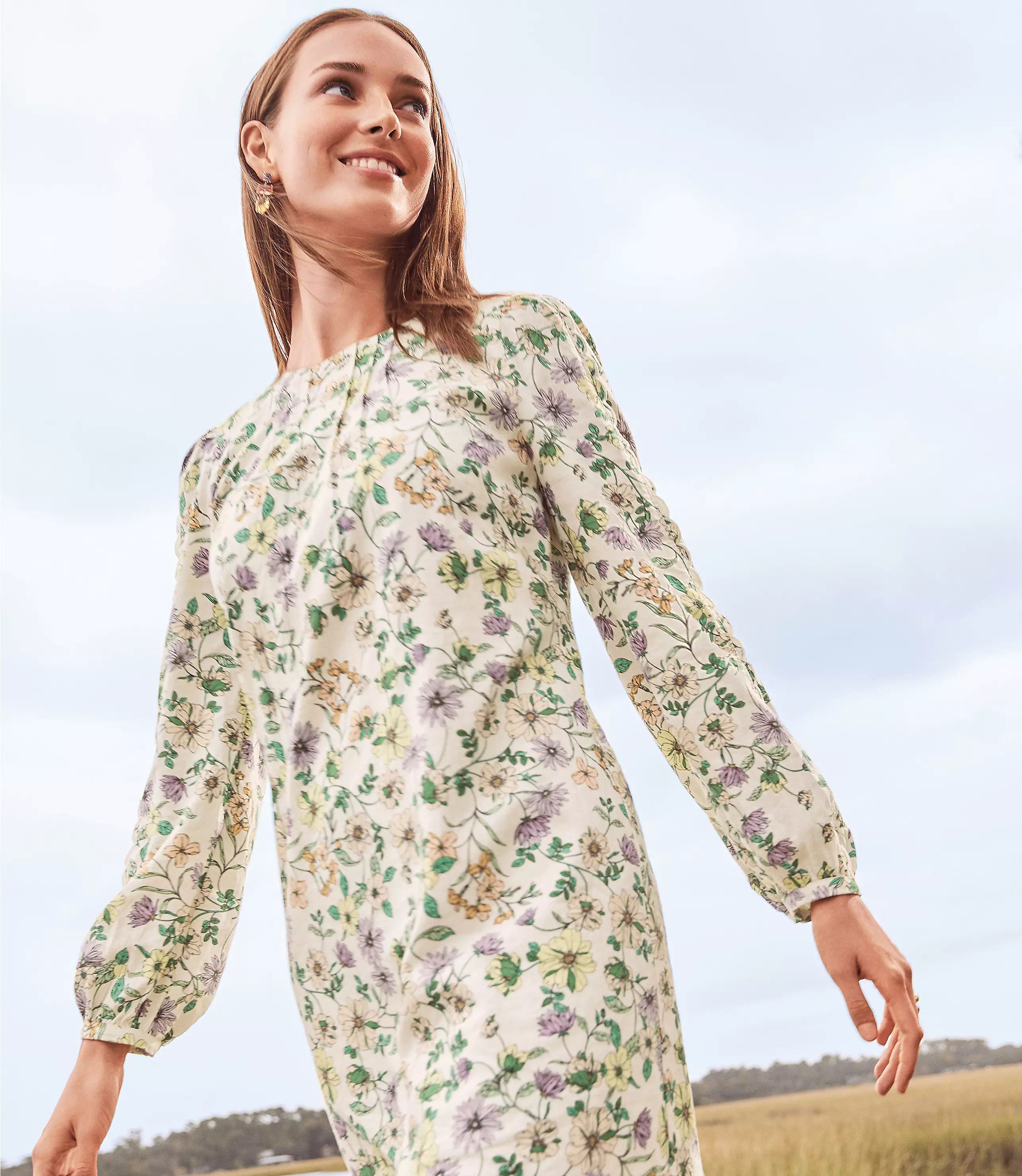 Floral Linen Blend Long Sleeve Shift Dress | LOFT