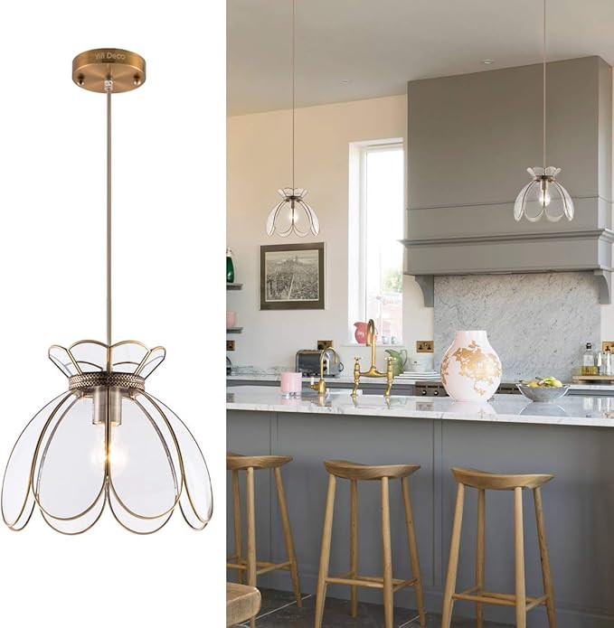 YIFI Deco Adjustable Pendant Light Brass Vintage Glass Lotus Flower Ceiling Pendant Light for Kit... | Amazon (US)