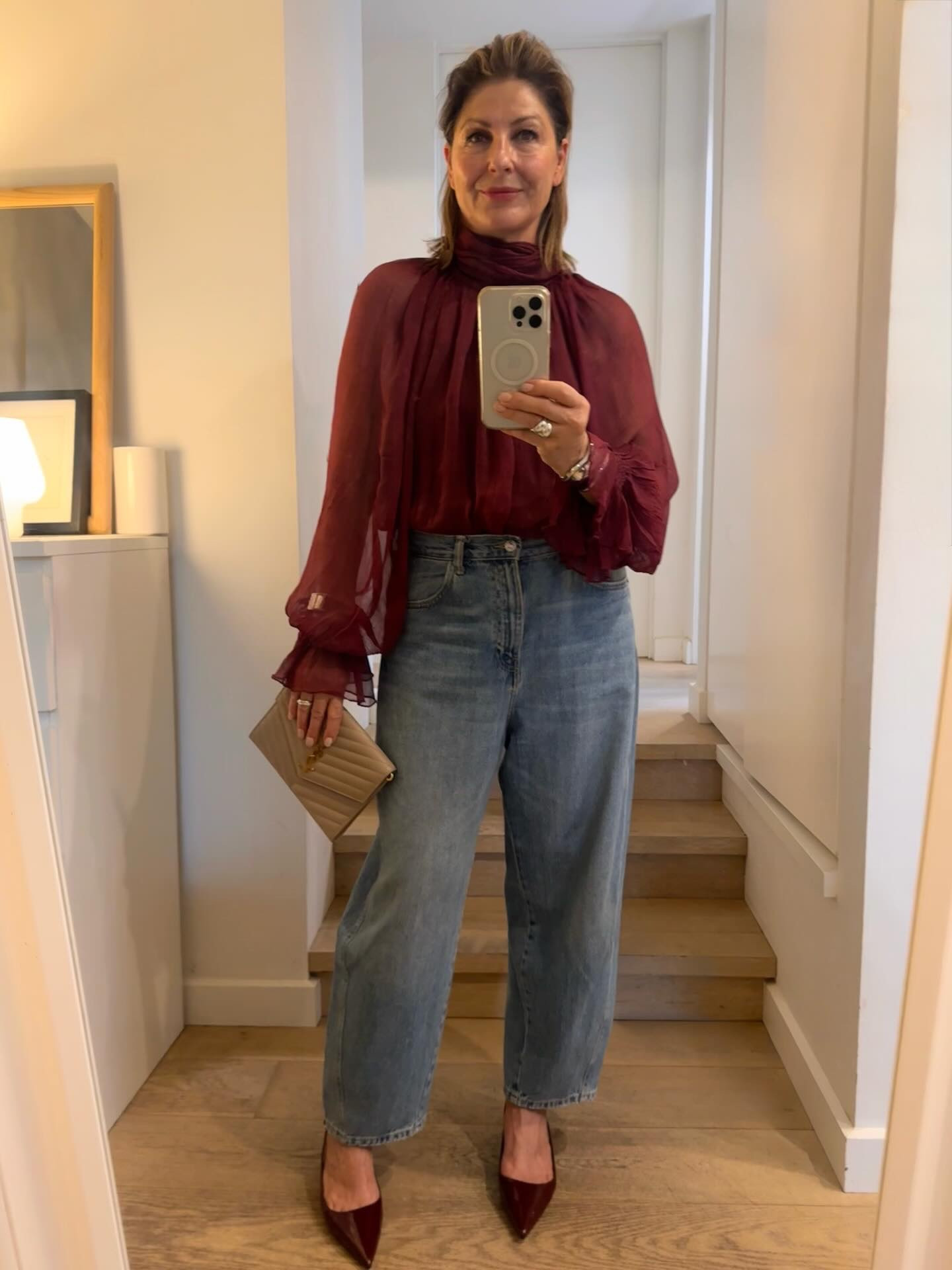 Christmas is the perfect time for a burgundy sheer blouse ! 

I’ve been looking for a pretty sheer blouse , glamorous but also perfect for smart casual. 
Nabbed this fabulous one @theiconicau 
 Love the colour (!) the romantic wide cuffs on the sleeves and the pussy bow tie at the neck, so chic. And the sheerness means it’s so right for summer but also into next season.

How to wear it ? This blouse is so versatile: I am wearing with jeans of course for a more casual look.
But I’ll also will wear back with choc brown or camel tailored pants when I want to feel a bit more polished (Chocolate brown back with burgundy:  So next season !)
 What pulls it all together ? The matching burgundy shoes !  They’re the way to get colour into your wardrobe without going too crazy right?!

#LTKaustralia #LTKstyletip #LTKsummer