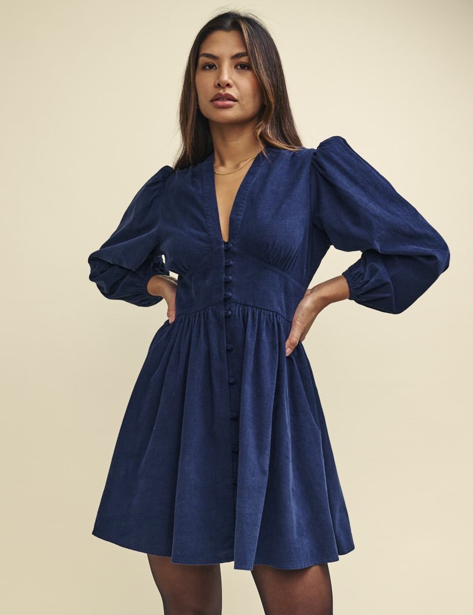 Navy Cord Starlight Long Sleeve Mini Dress | Nobody's Child