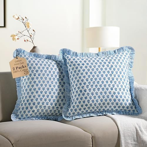 CPC Apatite Blue Ruffle Throw Pillow Covers for Couch, 24x24 Inch Cotton Stripe Ruffle Couch Pill... | Amazon (US)