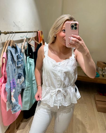 White eyelet tank with a peplum hem and ruffle straps! In the size 6, which fits like a S. I should size sized down to the 4. Size up one size in the white straight leg jeans. They ran small for me! 🌷 #whitejeans #whitetop #eyelettop #Anthropologie #Anthro #springstyle #springstyleinspo #outfitinspo #summerstyle #summerinspo #springbreakoutfits 

#LTKfindsunder100 #LTKSeasonal #LTKstyletip