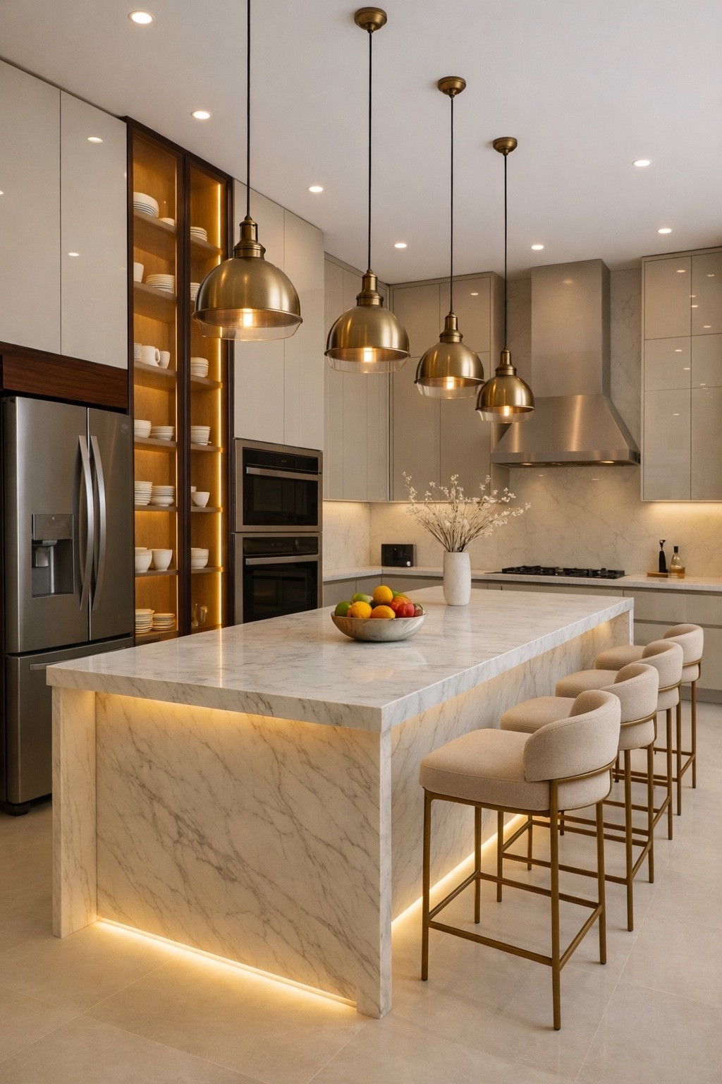 Modern luxury kitchen featuring a waterfall marble island with soft LED lighting, elegant gold pendant lights, and beige upholstered bar stools. This sophisticated kitchen design blends warm neutrals, marble textures, and contemporary lighting for a high-end interior inspired by modern European homes. Perfect inspiration for luxury kitchen design and Pinterest home decor ideas.

#luxurykitchen #marbleisland #kitchendesign #modernkitchen #pinteresthome #ltkhome #interiordesign #kitcheninspo #luxuryinterior #modernhome #goldpendantlights #marblekitchen #dreamkitchen #homeinspiration #contemporarykitchen