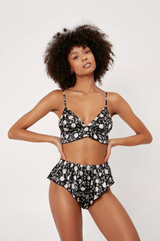 Floral Satin Ruffle Bralette and Panties Set | Nasty Gal (US)